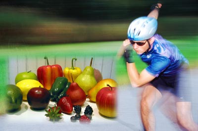 Image of fresh produce, and a man roller skating